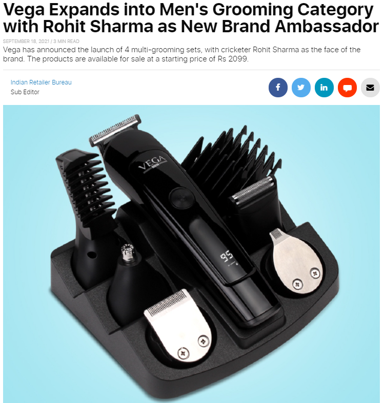 Vega Expands into Men's Grooming Category with Rohit Sharma as New Brand Ambassador