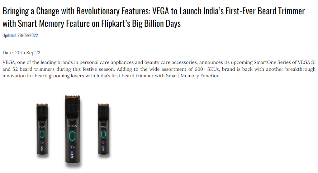 Bringing a Change with Revolutionary Features: VEGA to Launch India’s First-Ever Beard Trimmer with Smart Memory Feature on Flipkart’s Big Billion Days
