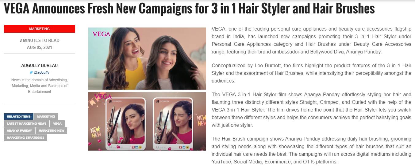 VEGA Announces Fresh New Campaigns for 3 in 1 Hair Styler and Hair Brushes