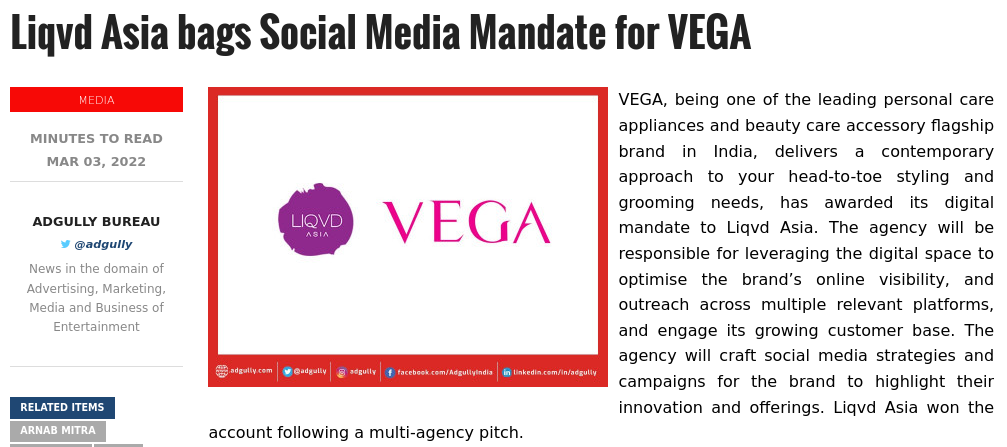Liqvd Asia bags Social Media Mandate for VEGA
