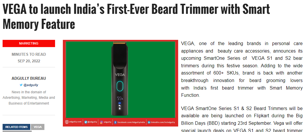 VEGA to launch India’s First-Ever Beard Trimmer with Smart Memory Feature