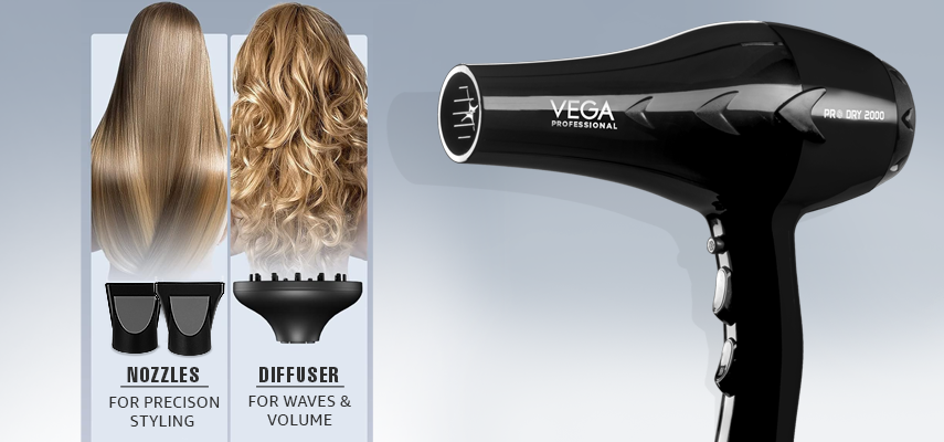 VEGA PROFESSIONAL PRO DRY 2000 HAIR DRYER WITH DIFFUZER & NOZZLES